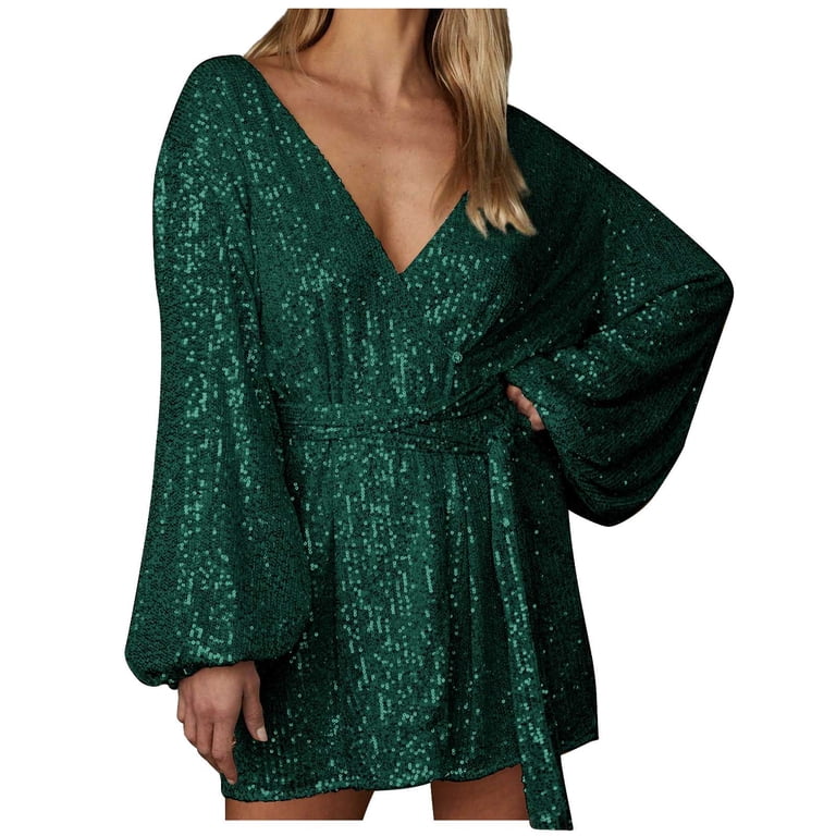 Sparkly Sequin Mini Wrap Dress for Women V-Neck Long Puff Sleeve Glitter  Clubwear Party Outfits Wrap Dresses - Walmart.com
