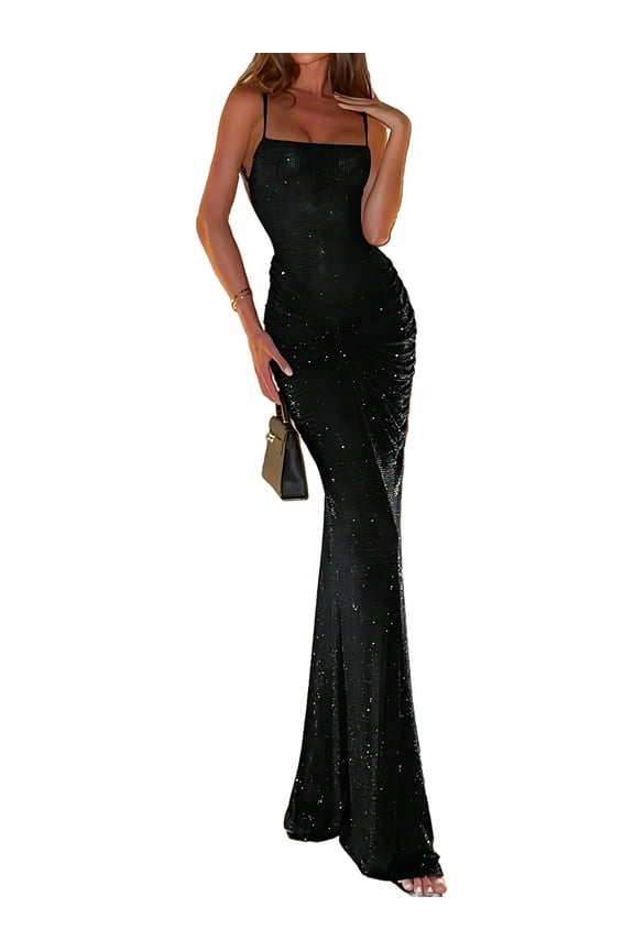 Sparkly Sequin Prom Dress Maxi Mermaid Bodycon Formal Party Club Dress Black L