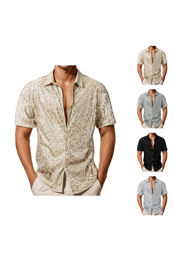Sparkly Sequin Shirts for Men Short Sleeve Button Down Collared Glitter Dress Shirt for Wedding Party Clubwear