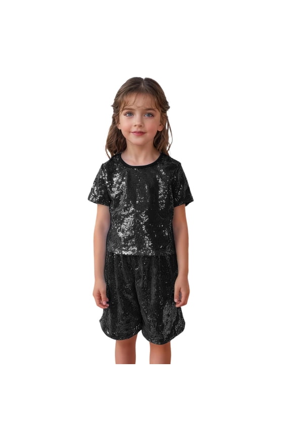 Sparkly Sequin Short Sleeve Top for Girls, Glitter Party Performance T-Shirt with Sleek Fit, Ages 5-12