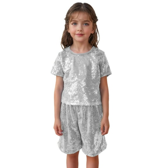 Sparkly Sequin Short Sleeve Top for Girls, Glitter Party Performance T-Shirt with Sleek Fit, Ages 5-12
