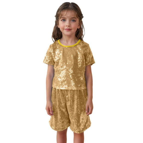 Sparkly Sequin Short Sleeve Top for Girls, Glitter Party Performance T-Shirt with Sleek Fit, Ages 5-12