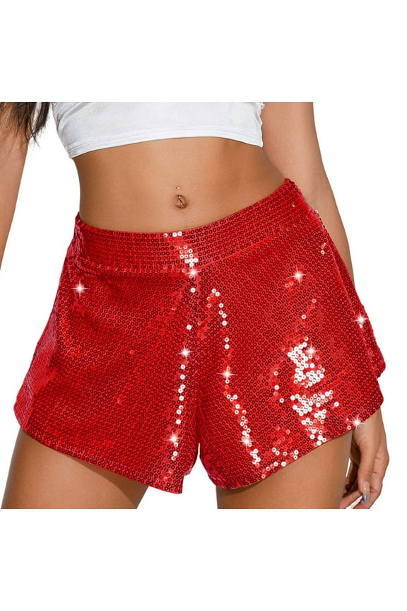 Sparkly Sequin Shorts for Womens Fashion High Elastic Waist Straight Leg Solid Glitter Party Hot Short Clubwear (Large, Red)