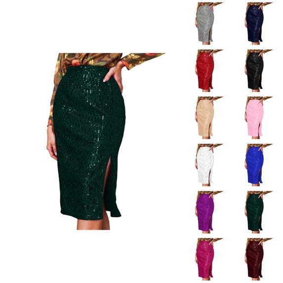 Sparkly Sequin Skirts for Women High Waisted Slit Bodycon Rave Midi Skirts Glitter Party Skirt