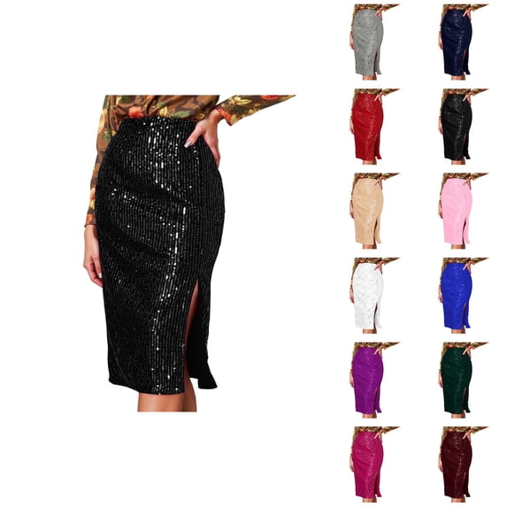 Sparkly Sequin Skirts for Women High Waisted Slit Bodycon Rave Midi Skirts Glitter Party Skirt
