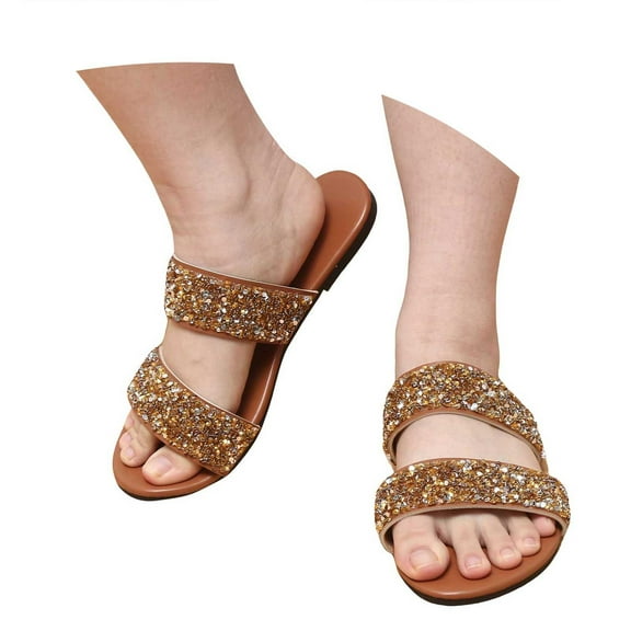 Sparkly Sequin Slip on Dress Sandals for Women 2025 Summer Gold Ladies Bling Wedding Flats Dressy Slides