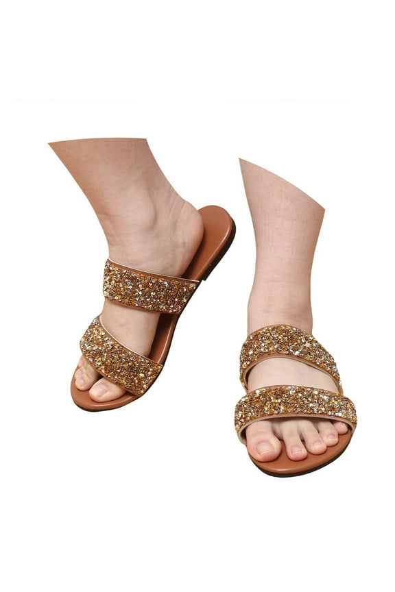 Sparkly Sequin Slip on Dress Sandals for Women 2025 Summer Gold Ladies Bling Wedding Flats Dressy Slides