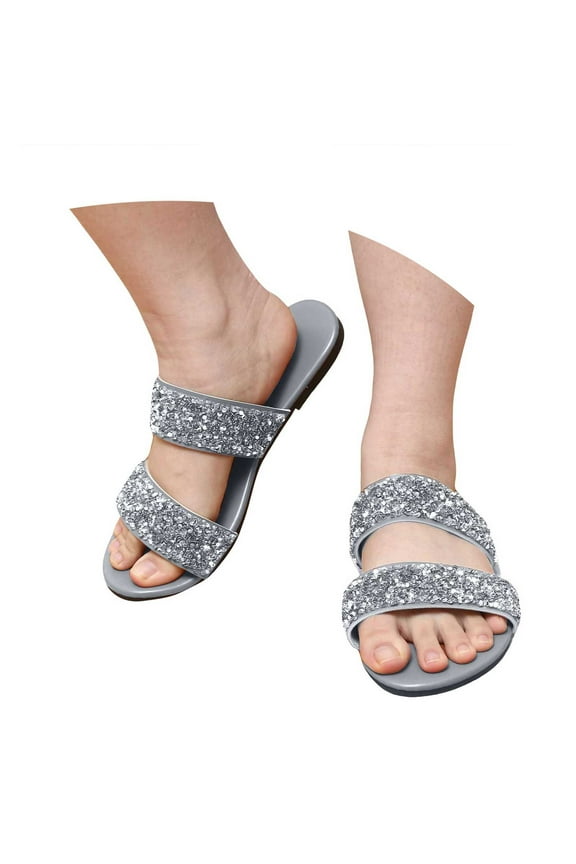 Sparkly Sequin Slip on Dress Sandals for Women 2025 Summer Gold Silver Bling Wedding Flats Dressy Slides