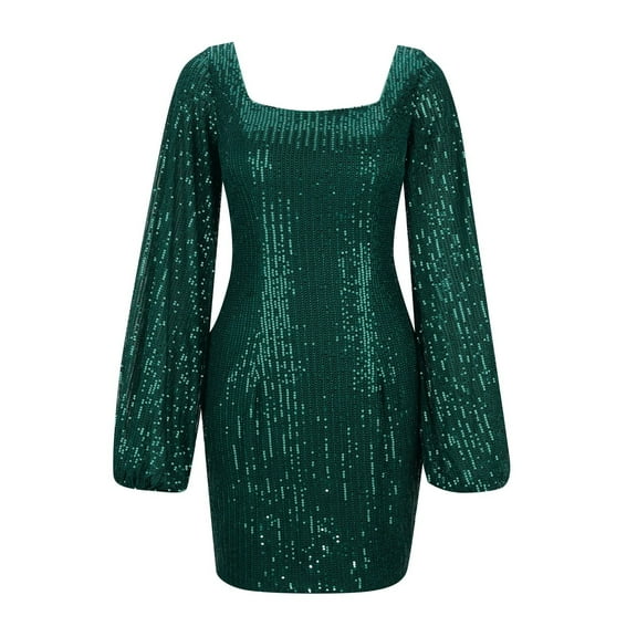 Sparkly Sequin Square Neck Long Sleeve Mini Bodycon Dress Evening Party Dress