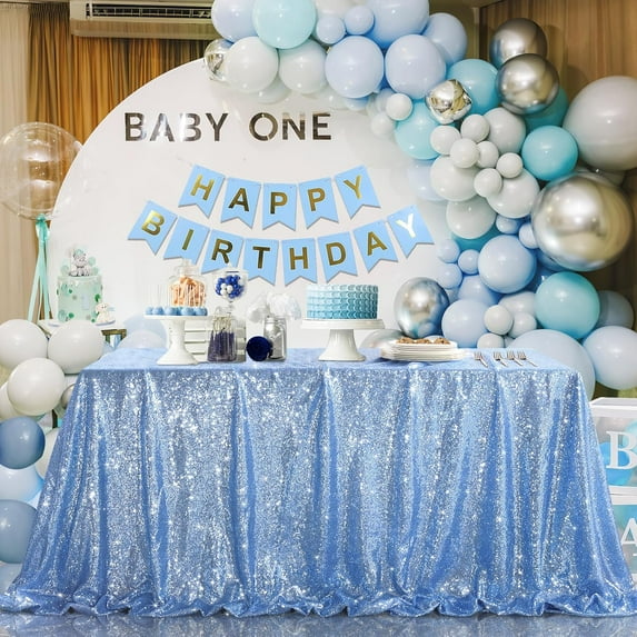 Sparkly Sequin Tablecloths for Rectangular Tables - Baby Blue Overlay Decorations for Spring, Reception, or Baby Shower - 90x156inch