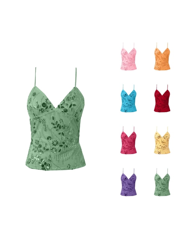 Sparkly Sequin Tank Tops for Women Elegant Floral Sequins V Neck Spaghetti Strap Backless Camisole Top Y2k Going out Tops