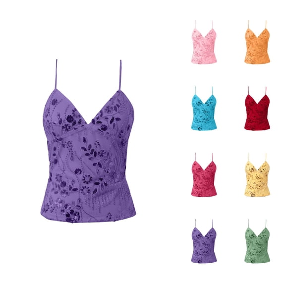 Sparkly Sequin Tank Tops for Women Elegant Floral Sequins V Neck Spaghetti Strap Backless Camisole Top Y2k Going out Tops