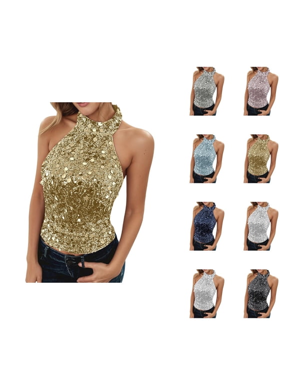 Sparkly Sequin Tank Tops for Women Halter Neck Backless Cropped Sleeveless Shirt Rave Party Clubwear