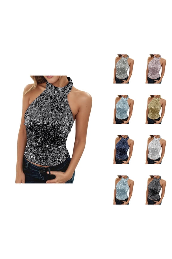 Sparkly Sequin Tank Tops for Women Halter Neck Backless Cropped Sleeveless Shirt Rave Party Clubwear
