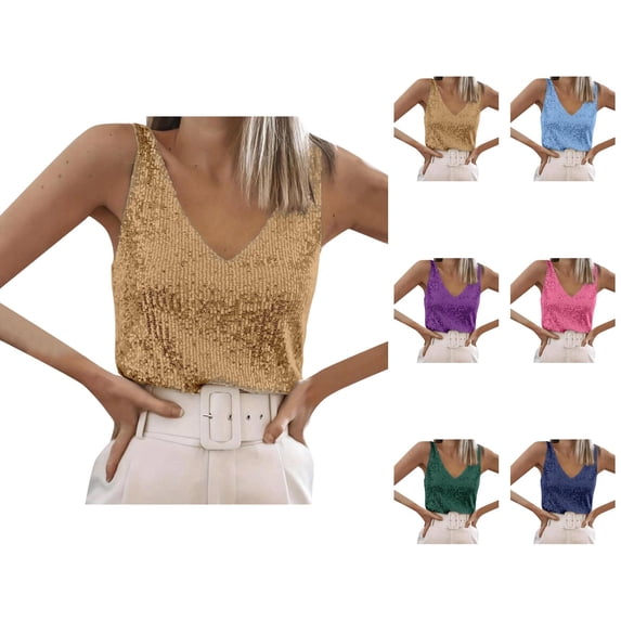 Sparkly Sequin Tank Tops for Women Shiny Sequins V Neck Sleeveless Dressy Blouse Glitter Party Club Outfits