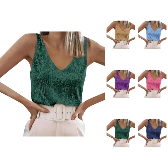 Sparkly Sequin Tank Tops for Women Shiny Sequins V Neck Sleeveless Dressy Blouse Glitter Party Club Outfits