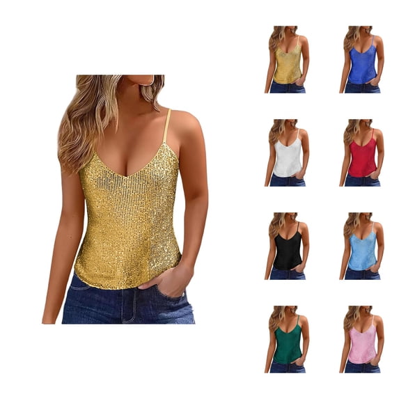 Sparkly Sequin Tank Tops for Women V Neck Loose Fit Shiny Sequins Spaghetti Strap Camisole Tops Rave Party Clubwear