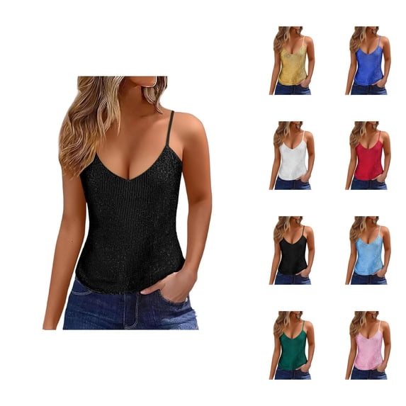 Sparkly Sequin Tank Tops for Women V Neck Loose Fit Shiny Sequins Spaghetti Strap Camisole Tops Rave Party Clubwear