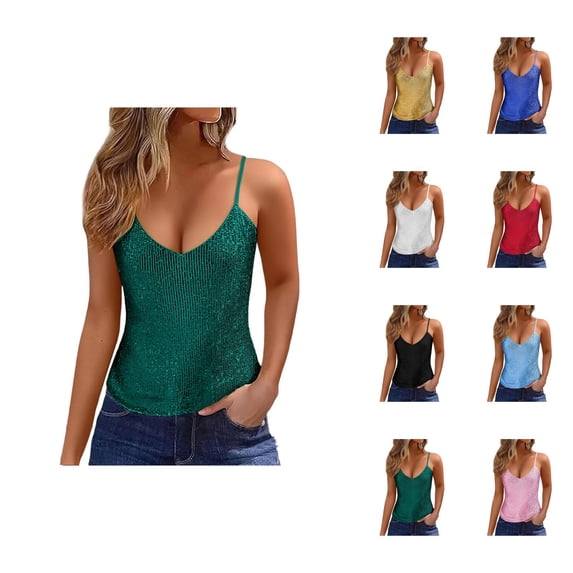 Sparkly Sequin Tank Tops for Women V Neck Loose Fit Shiny Sequins Spaghetti Strap Camisole Tops Rave Party Clubwear