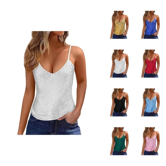 Sparkly Sequin Tank Tops for Women V Neck Loose Fit Shiny Sequins Spaghetti Strap Camisole Tops Rave Party Clubwear
