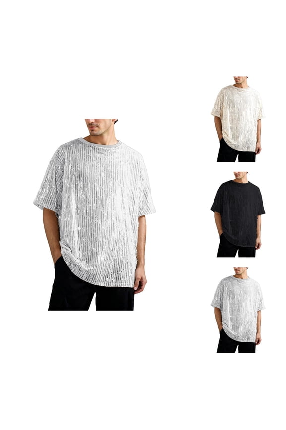 Sparkly Sequin Tassel T Shirts for Men Short Sleeve Crewneck Glitter Tshirts Fot Performance Party Dance Clubwear