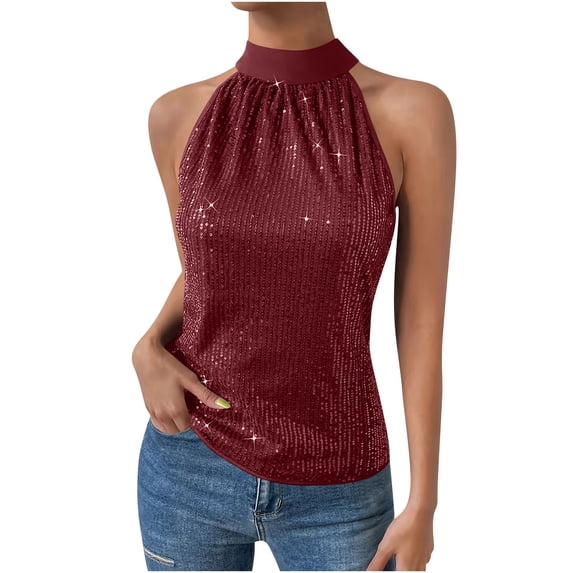 Sparkly Sequin Tops for Women Halter Tank Top Shiny Glitter Club Disco Rock Concert Outfit Sleeveless Dressy Shirt Blouse