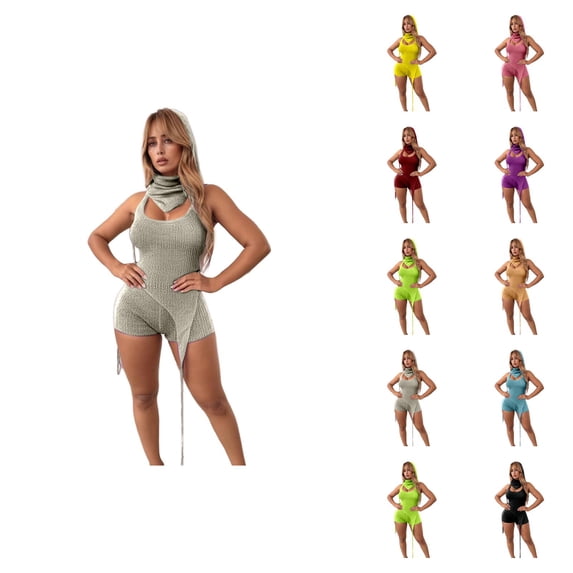 Sparkly Sequin Two Piece Outfits for Women Backless Irregular Halter Tank Top and Shorts Matching Set Rave Party Clubwear