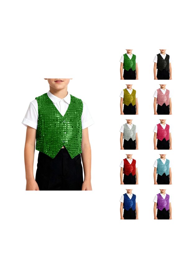 Sparkly Sequin Vest for Boys Girls Jazz Hop Dance Tops Sleeveless Open Front Shiny Dance Vest Jacket