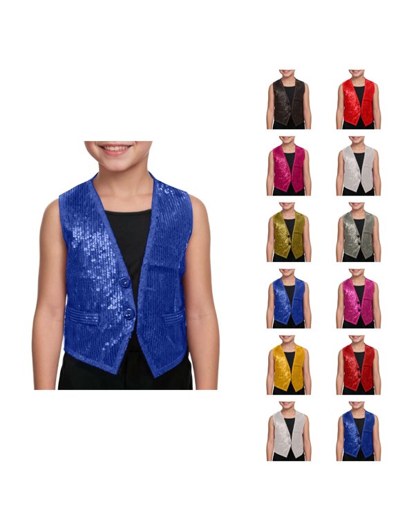 Sparkly Sequin Vest for Boys Girls Shiny Dance Vests Open Front Sleeveless Jacket Coat Vest Tops for Performance