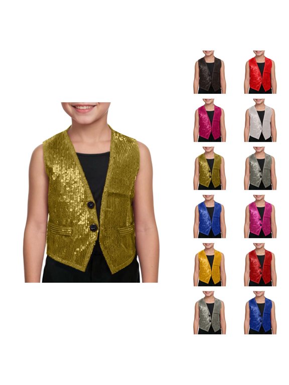 Sparkly Sequin Vest for Boys Girls Shiny Dance Vests Open Front Sleeveless Jacket Coat Vest Tops for Performance
