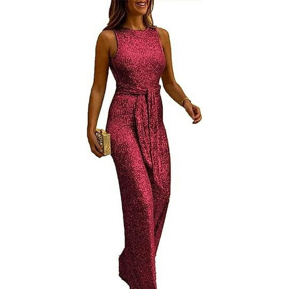 Sparkly Sequin Wide Leg Jumpsuits for Women Long Sleeve Plus Size V Neck Sexy Elegant One Piece Pants Rompers Belt