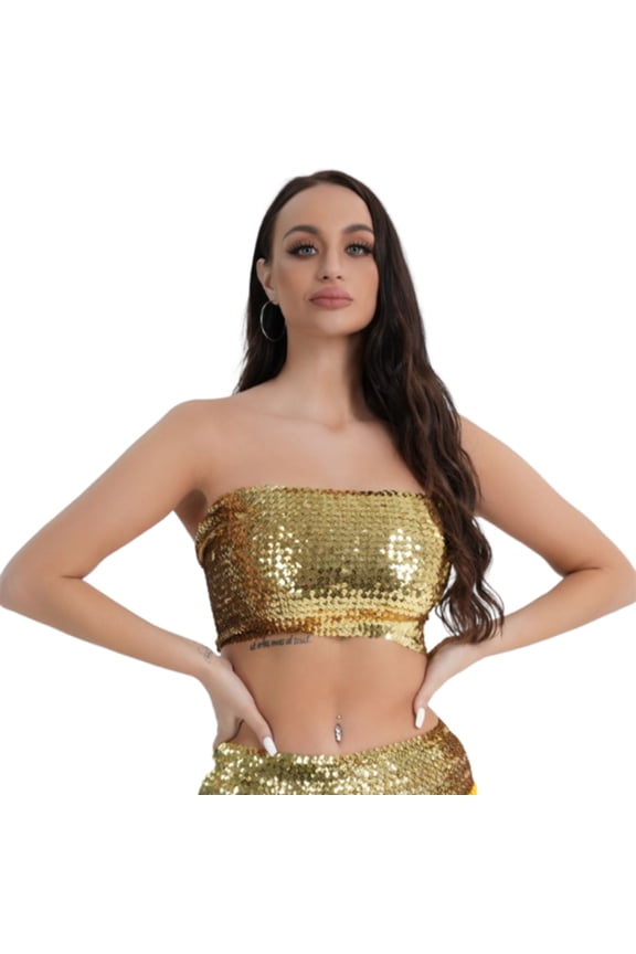 Sparkly Sequins Crop Tops for Women Glitter Tube Tops Stretch Strapless Bandeau Top Raves Party Clubwear
