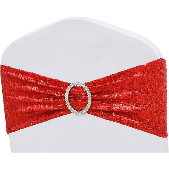 Sparkly Sequins Red Chair Sashes, Glitter Chair Bands with Buckles, Sequin Chair Bows for Wedding Party Ceremony Decorations - 100 Pack