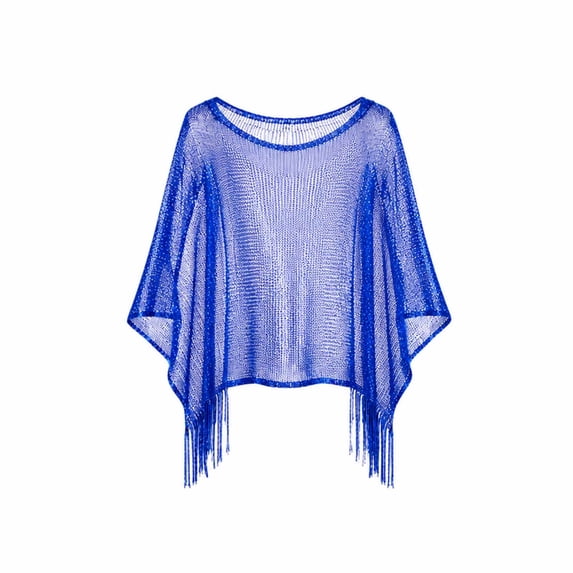 Sparkly Sheer Poncho Wrap, Fringed Metallic Shawl Cover-Up for Evening Dress Beach Top, One Size