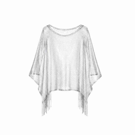 Sparkly Sheer Poncho Wrap, Fringed Metallic Shawl Cover-Up for Evening Dress Beach Top, One Size