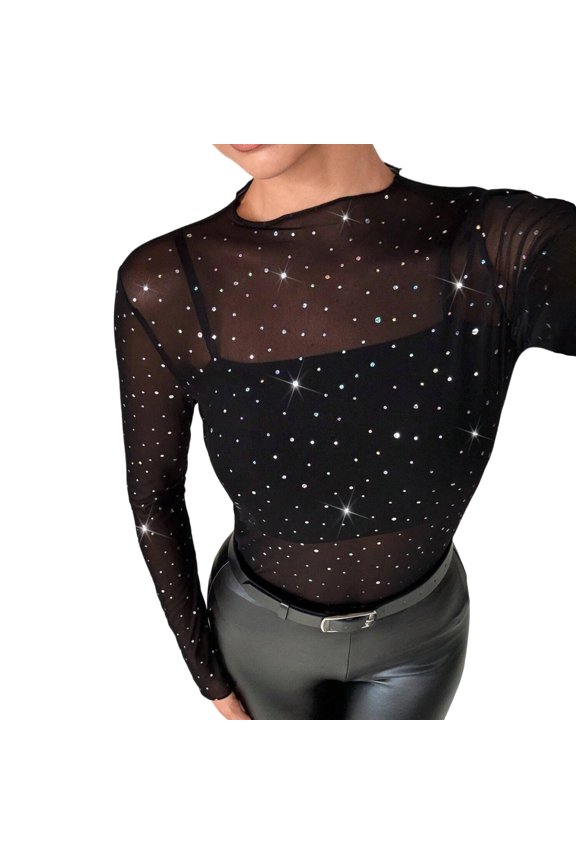 Sparkly Sheer Tops for Women See Through Mesh Sheer Sparkly Tops Long Sleeve Concert Outfits for Party Club
