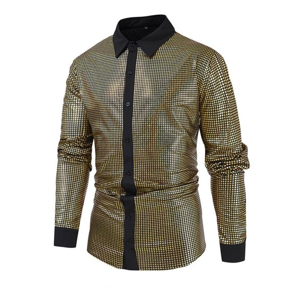 Sparkly Shirts for Men Long Sleeve Button-Down Collared T-Shirts Mens Trendy Solid Color Shiny Slim-Fit Nightclub Party Shirt Tops