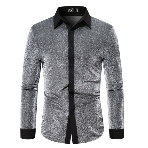 Sparkly Shirts for Men Long Sleeve Button-Down Collared Tshirts Shirt Mens Trendy Shiny Color-Block Slim-Fit Nightclub Party T-Shirts Tops