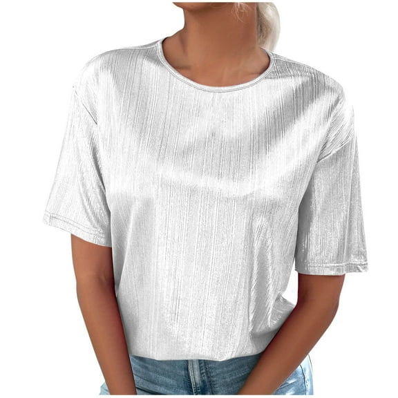 Sparkly Shirts for Women Summer Short Sleeved T-Shirts Solid Round Neck Crop Shirt Shimmer T-shirts Casual Loose Blouses Pullover Top
