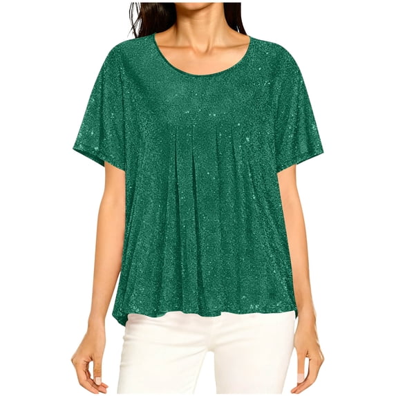 Sparkly Short Sleeve Tops for Women Pleated Front Crew Neck Pullover T-Shirt Summer Fashion Party Outfits