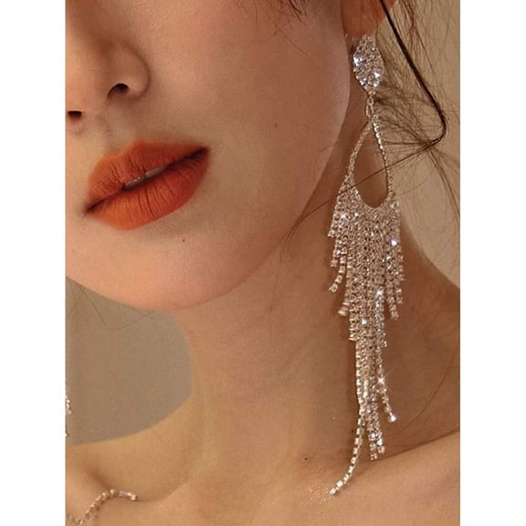 Sparkly Silver Chandelier Dangle Earrings For Women Long Tassel Fringe Earrings