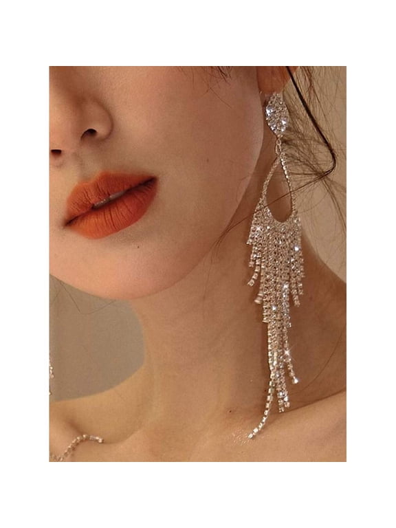 Sparkly Silver Chandelier Dangle Earrings For Women Long Tassel Fringe Earrings