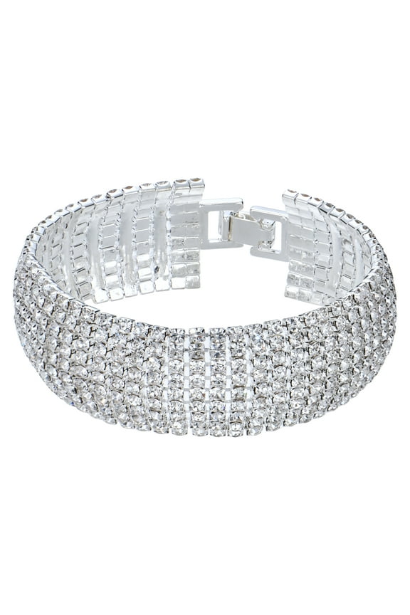 Sparkly Silver Plated Rhinestone Crystal Wide Multi-layer Chain Bracelet for Women Wedding Prom Costume Jewelry