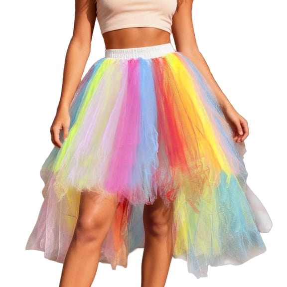 Sparkly Skirt For Women Carnival Holiday Skirts Color Layered Skirt High Waist Elastic Band Party Performance Mesh Rainbow Skirt