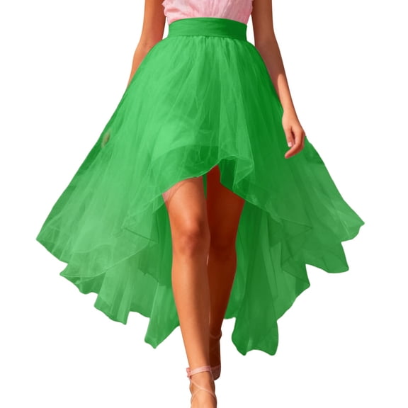 Sparkly Skirt For Women Carnival Holiday Skirts Colorful Layered Mesh Skirt Asymmetrical High Waist Elastic Waistband Flowy Chiffon Tiered Ruffle Hem Design