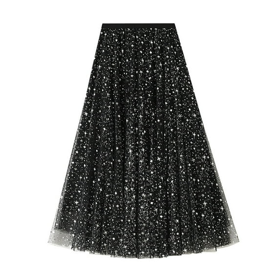 Sparkly Skirts for Women Long Length Glitter Elastic High Waisted Mesh 2 Layered Pleated A Line Maxi Skirt Prom