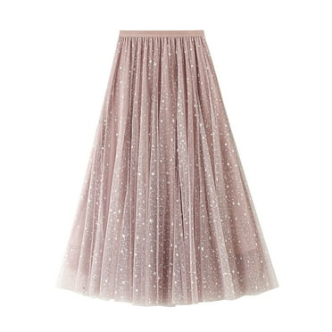 Sparkly Skirts for Women Long Length Glitter Elastic High Waisted Mesh 2 Layered Pleated A Line Maxi Skirt Prom