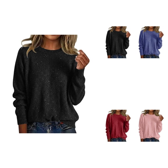Sparkly Solid Color Round Neck Pullover Knit Sweater for Women – Loose Fit Long Sleeve Casual Top with Sequins, Versatile Daily & Holiday Party Wear