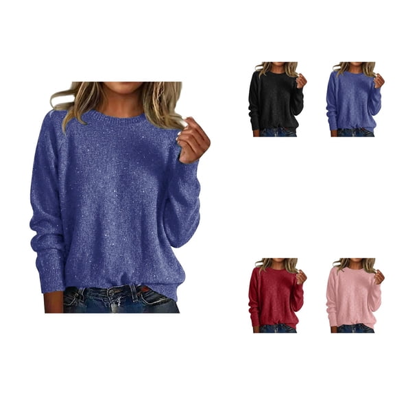 Sparkly Solid Color Round Neck Pullover Knit Sweater for Women – Loose Fit Long Sleeve Casual Top with Sequins, Versatile Daily & Holiday Party Wear
