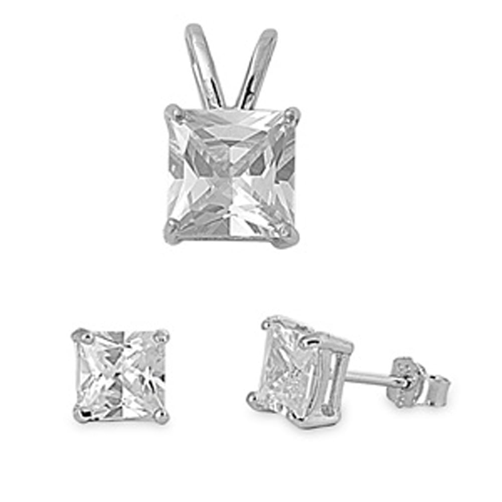 Sparkly Square Bridal Clear Cubic Zirconia .925 Sterling Silver Earrings Pendant Set Jewelry Female